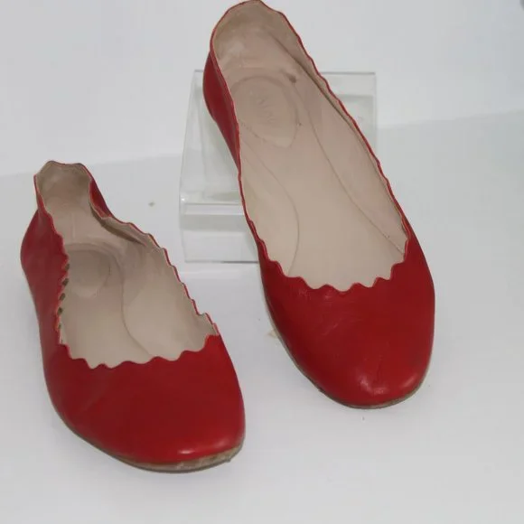 Chloe Lauren Scalloped Leather Ballet Flats, Red Leather Shoes sz 37 7 - Picture 2 of 7